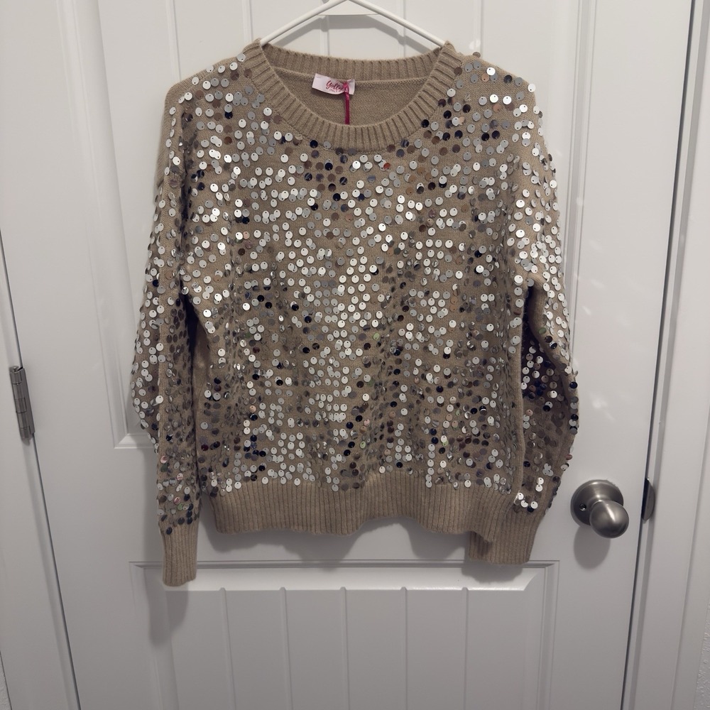 Yolly Italy Women's Silver Sequin Tan‎ Party Sweater See Measurements
